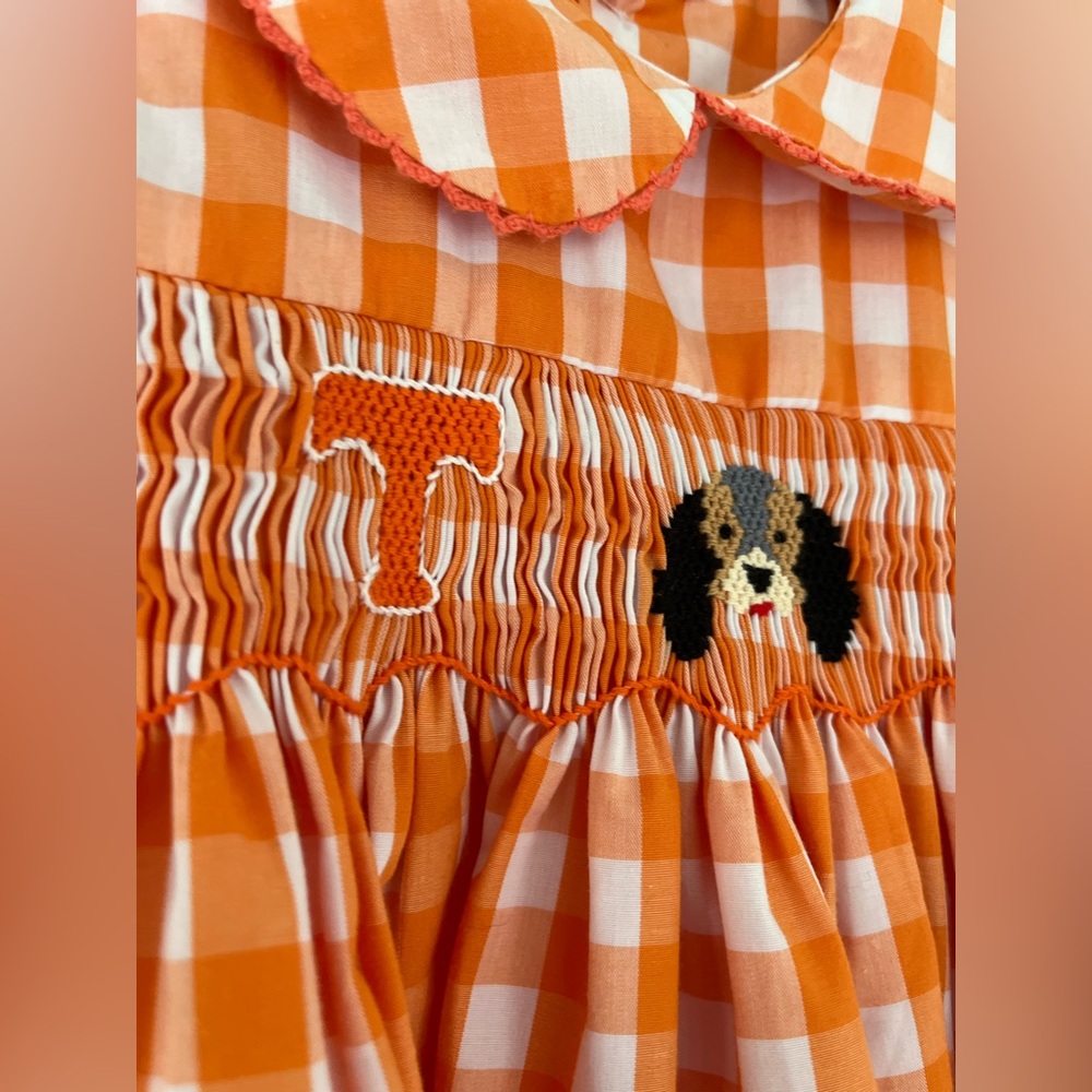 Tennessee VOLS Smocked Orange White Gingham Bow Dress Smokey Dog Sz 12 Months - Picture 3 of 13